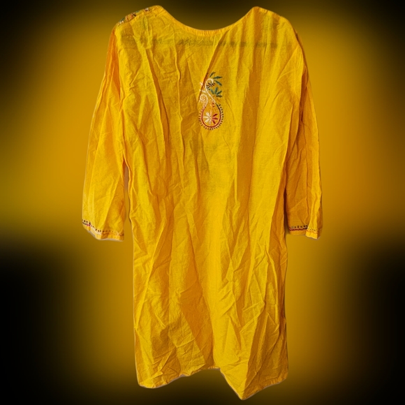 Yellow Designer V neck Soft Cotton Kurti Thread Embroidery boho tumeric sz 44 - Picture 2 of 2